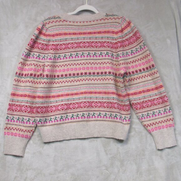 J. CREW Puff-Sleeve Fair Isle Crewneck Sweater Cherry Print Tan Pink Sz Large - Picture 4 of 12